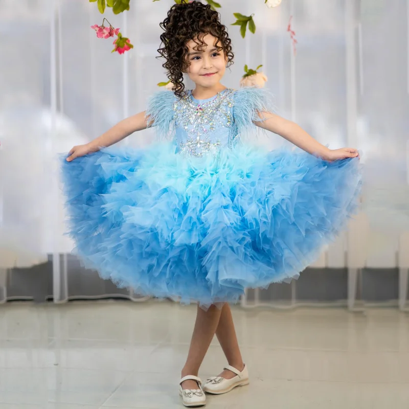 Abiti da ragazza di fiori personalizzati Tulle blu a strati con paillettes floreali senza maniche per abiti da cerimonia nuziale, festa di compleanno, ballo di fine anno