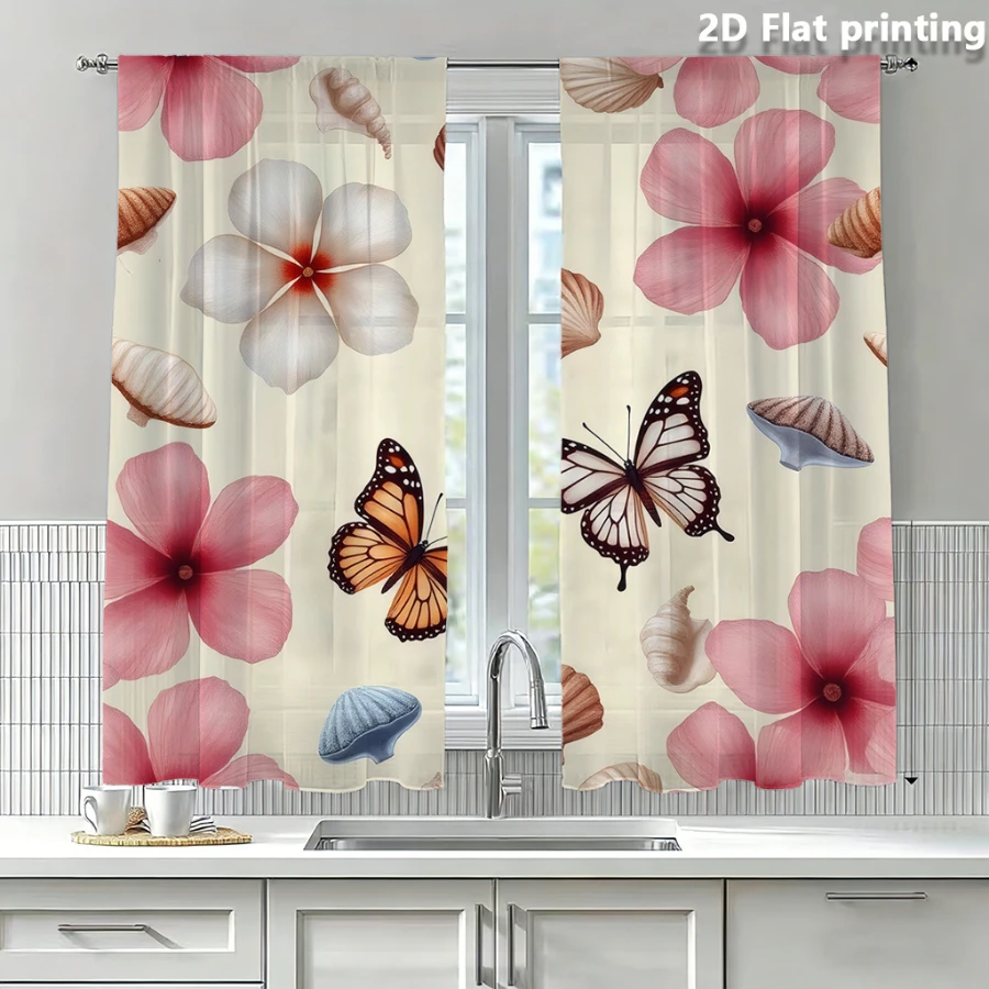 2PCS Digital Print Sheer Curtain, Shell Butterfly Flower, Vintage Floral Window Curtains for Living Room Bedroom Home Decor