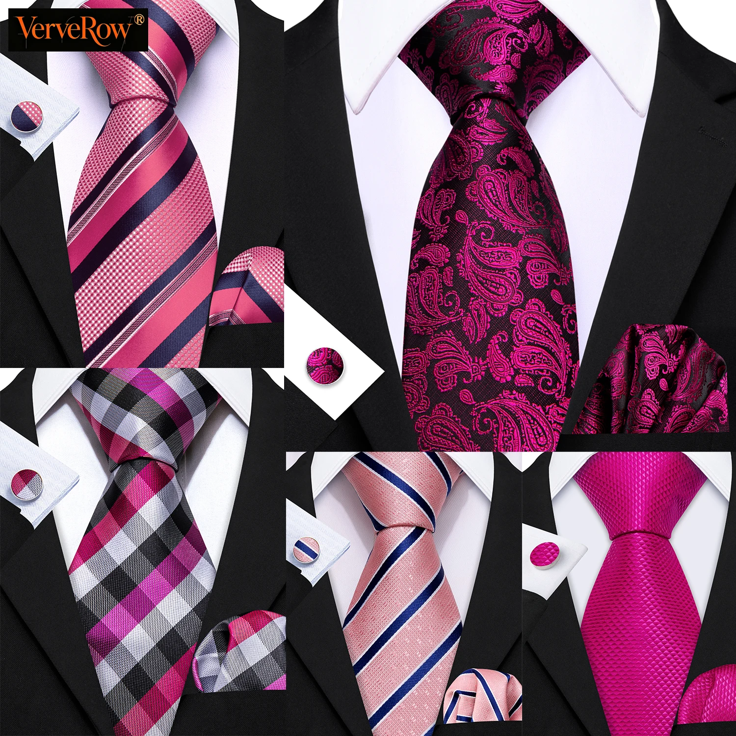 Mixed Pink Men Necktie Set Jacqurad Tie Handkerchief Cufflinks Business Wedding Suit Accessories Rose Salmon Coral Peach Magenta