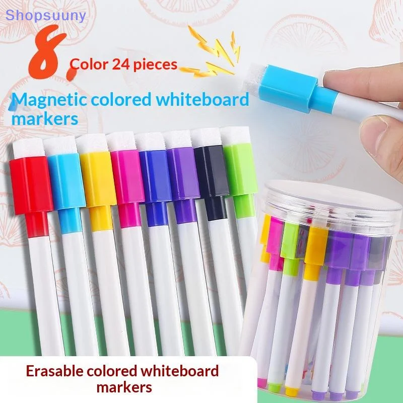 [SU]24Pcs Bottled Whiteboard Marker Pen With Brush Erasable Whiteboard Pen Children Erasable Stationery Convenient Storage[SU]