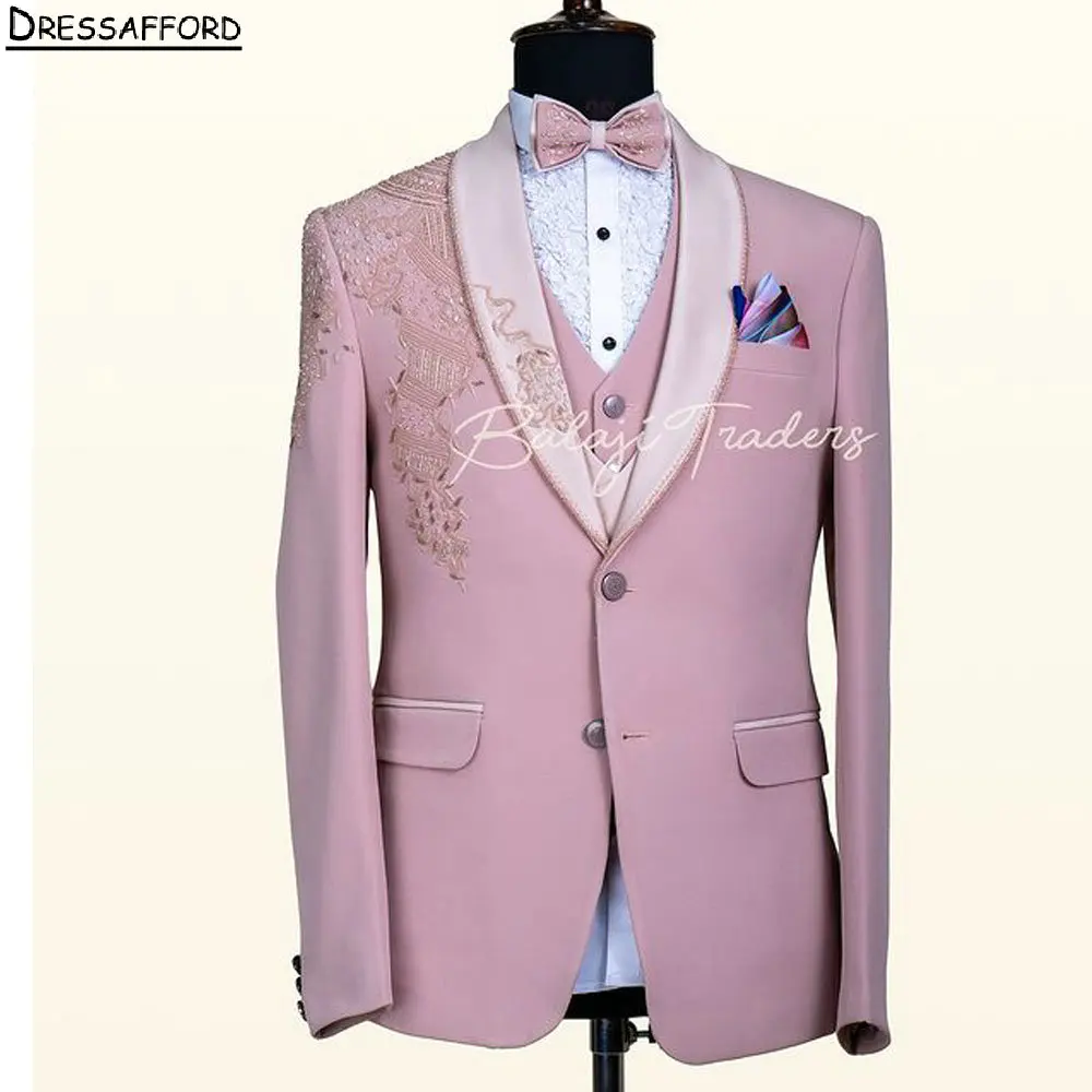 Pink Men Suits For Wedding Groom Tuxedos Appliques Lace Beading 3 Pieces Jacket Vest Pants Prom Blazers Customized