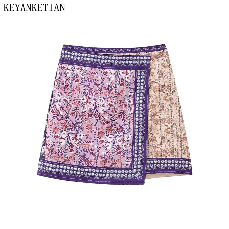 

KEYANKETIAN Summer New Women's Floral Print Short Culottes Rural Holiday Style Asymmetrical Zipper High-Waisted Mini Skirt