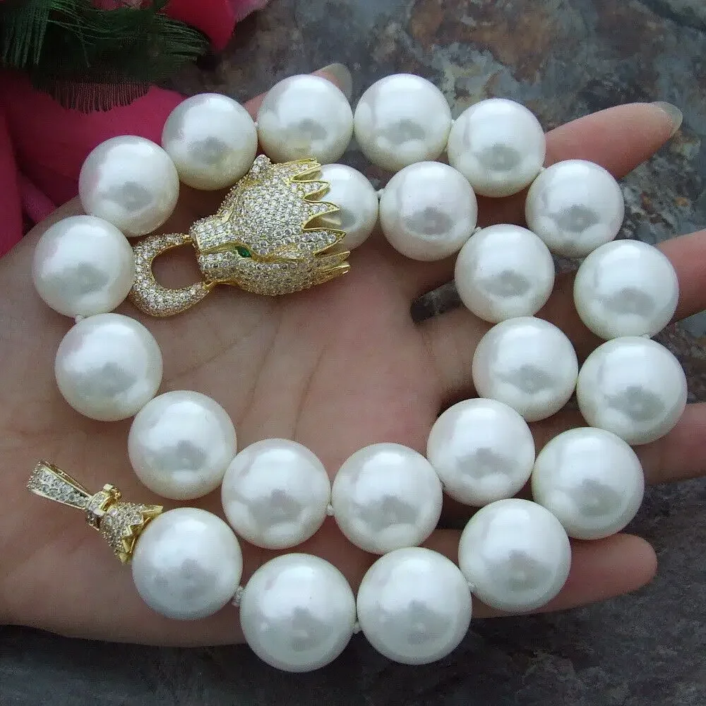 

Charming 16 mm white shell pearl necklace micro inlay zircon dragon head accessories necklace long 48 cm