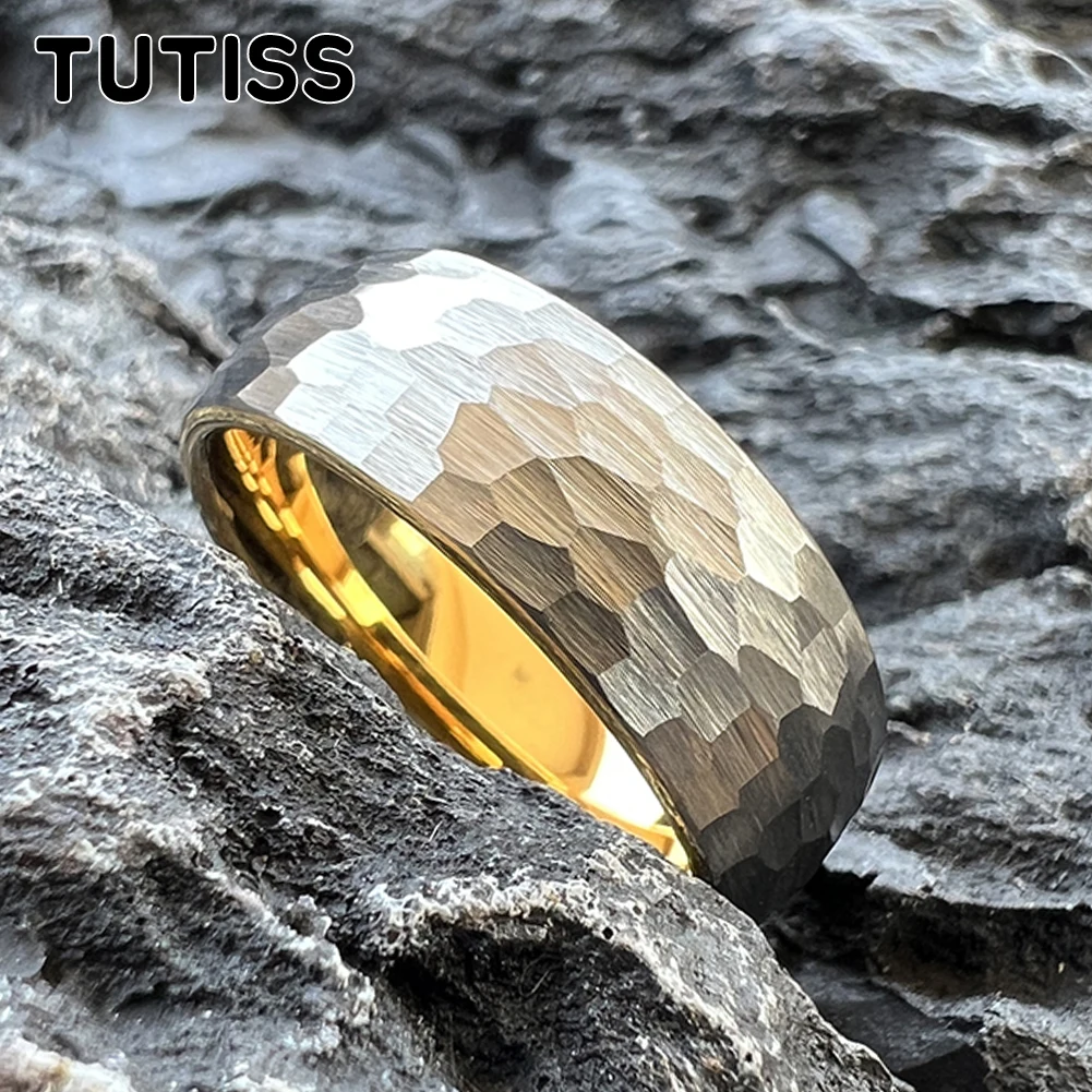 

TUTISS 8mm Two Tone Hammered Tungsten Rings for Men Women Domed Brushed Fashion Engagement Wedding Band Comfort Fit