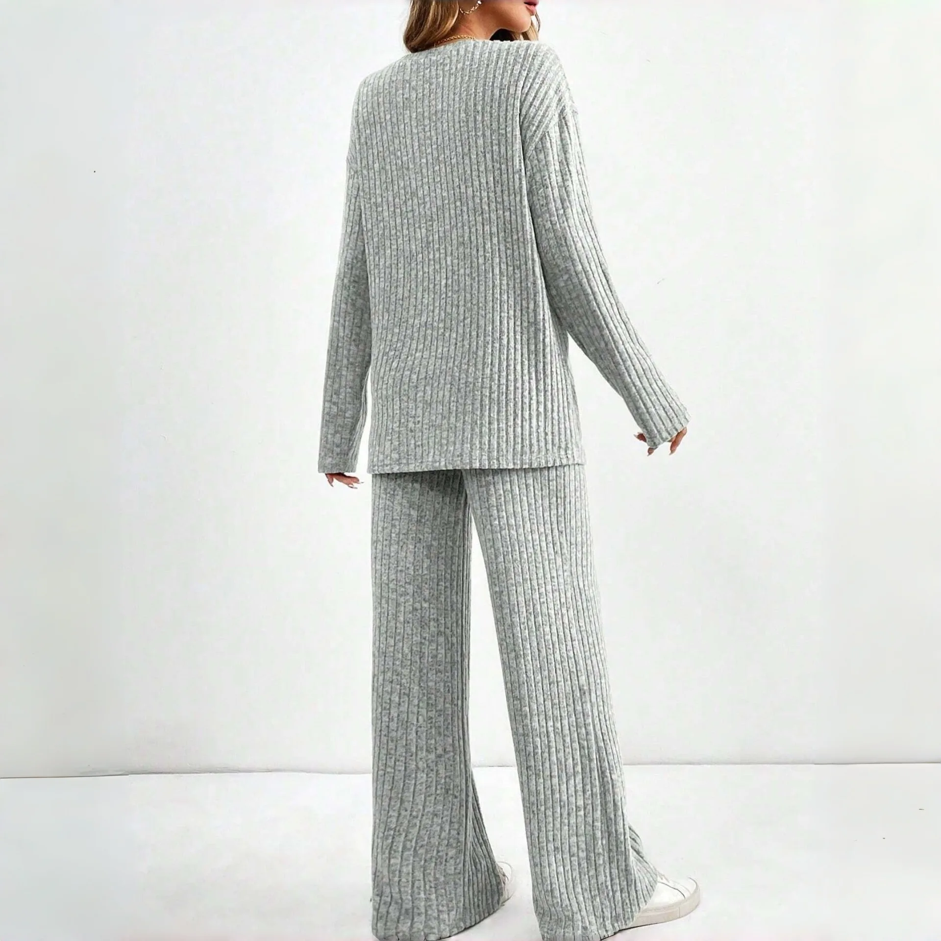 New Women's Casual Fashion Pajama Set Autumn Winter V Neck Long Sleeve Top Straight Pocket Trousers XL Size Full Length 2 Pieces