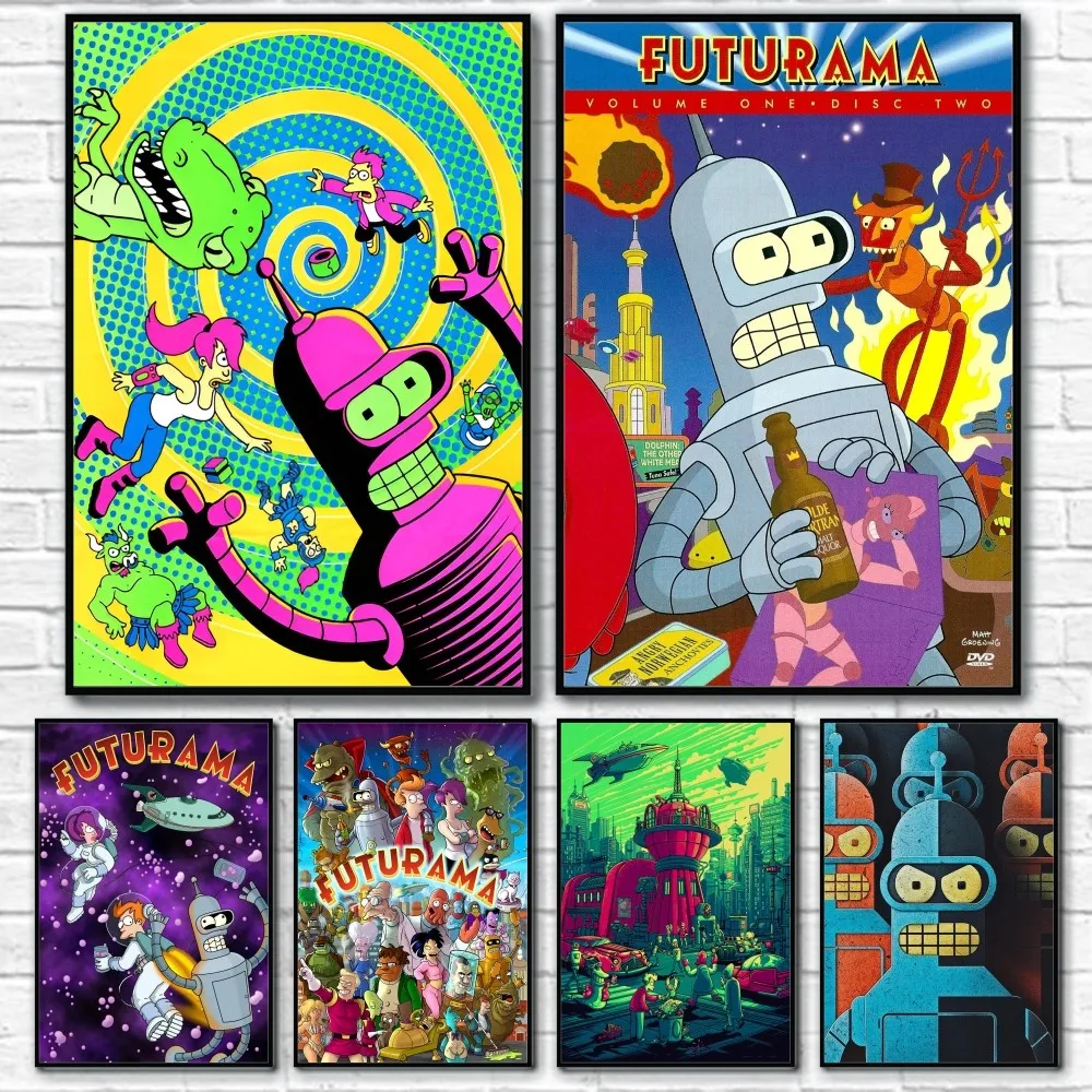 Cartoon F-Futurama Rocket robot Poster Sticky Wall Art Printing Waterproof Home Living Bed Room Bar Aesthetic Decor