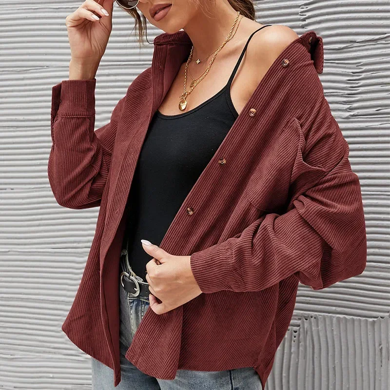 Blusas femininas de veludo monocromático, manga comprida, tops de botão, gola virada para baixo, camisa solta casual feminina, outono e inverno