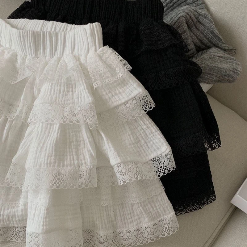 Deeptown Korean Style Sweet Ruffle Mini Skirts Women Lolita Kawaii Casual Pleated Short Skirt Elegant Cute White Layered Skirt