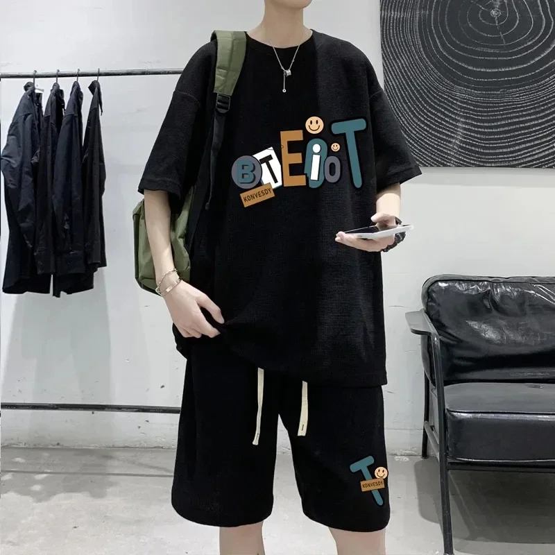 Summer Oversize Casual Fashion Tracksuit Loose Jogging Waffle Suit Men Loose Short-sleeve Tshirt + Sports Shorts 2pcs Set Outfit