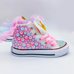 Kids Canvas Shoes Mesh Flower Back Design Crown Unicorn Theme Birthday Party DIY Girl Shoes Dollbling Handmade Bling Sneakers