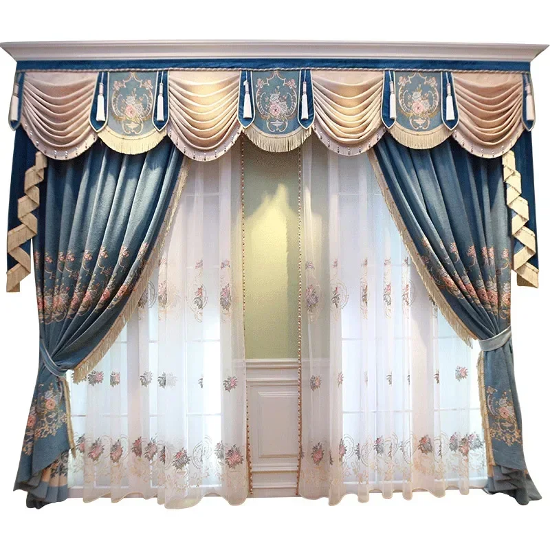 

Customised Blue Jacquard Chenille Tassel Curtains For Living Room Bedroom Balcony Villa Embroidery Window Screen Valance