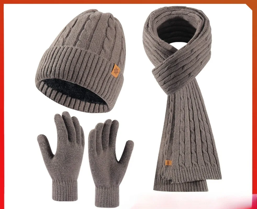 Set di tre pezzi di velluto invernale ispessito a prova di freddo in lana da ciclismo lavorato a maglia, cappello, sciarpa, guanti