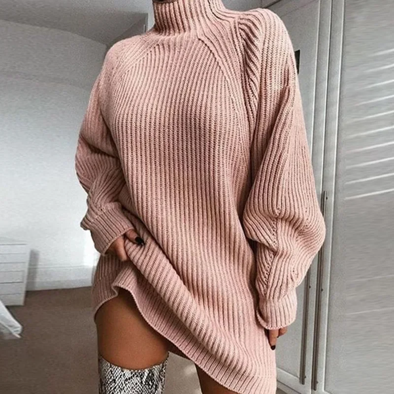 Fashion Women's Autumn Winter High Neck Knitted Sweater Dress Female Casual Solid Loose Long Sleeve Warm Mid Length Dresses