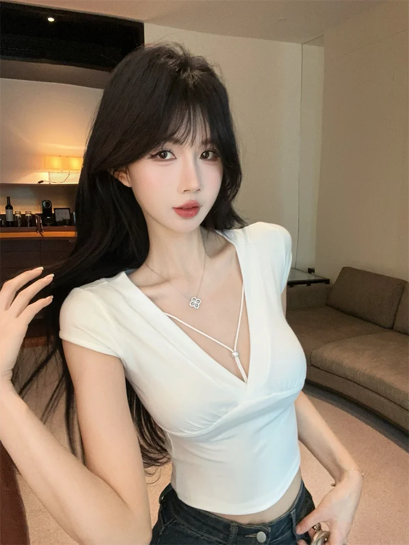 

Sexy Pure Desire Short Sleeve V-Neck Top Women's Summer Body Shape Show Unique Beautiful Half Sleeve Short T-Shirt Korean Sty...