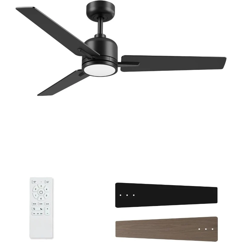 52 Inch Ceiling Fan with Light and Remote Control, Black Ceiling Fan with Light, Dimmable, Noiseless, Modern Ceiling Fan