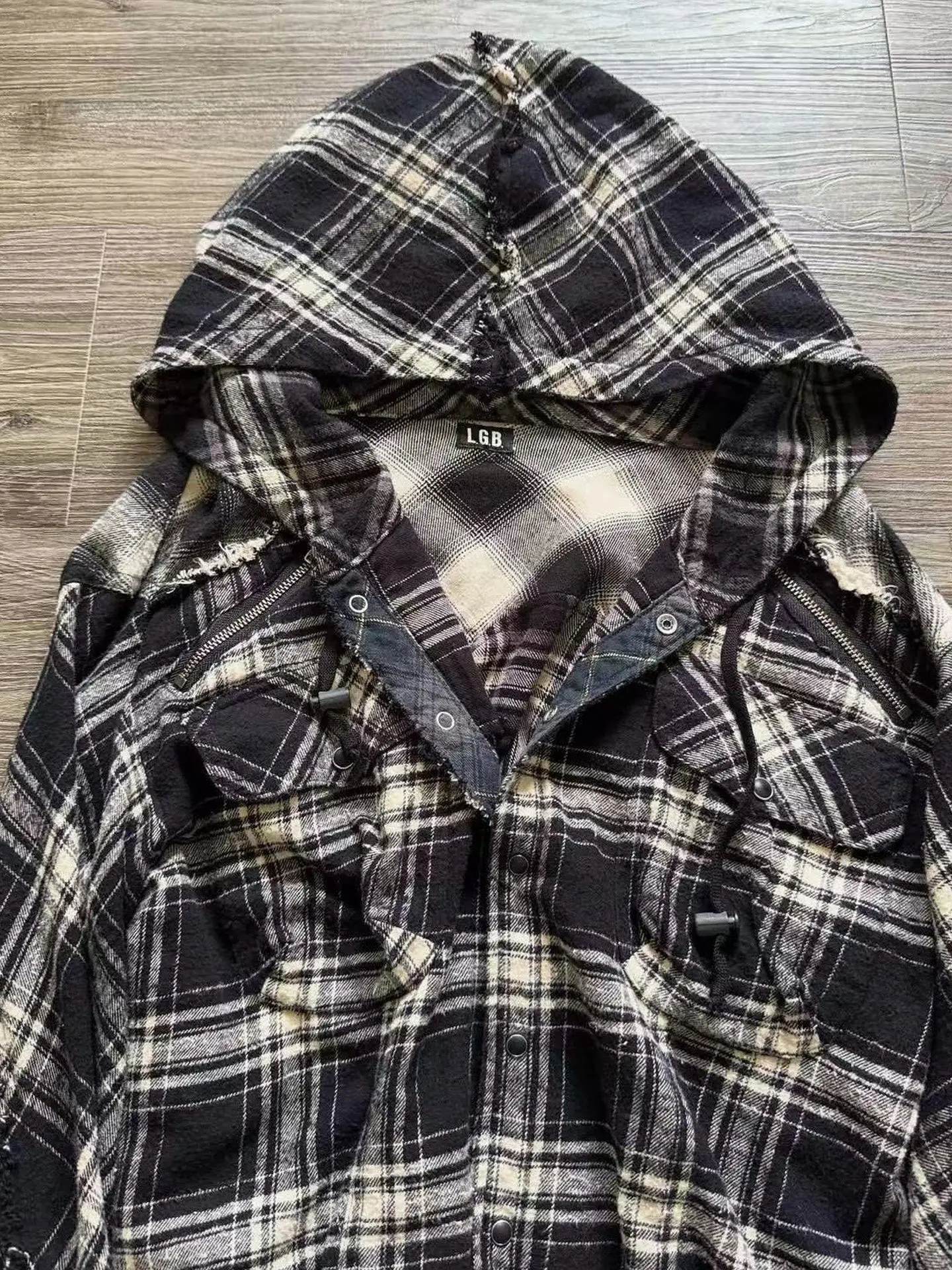 

BLACK JOKER L.G.B Visual Style Retro Casual Plaid Pattern Breakdown Hooded Plaid Long-Sleeve Shirt