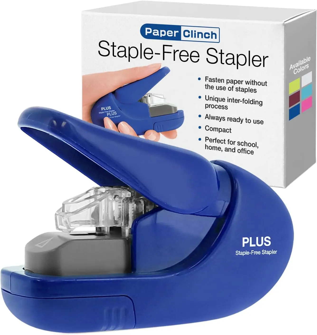 

Staple-Free Stapler, Fastens Up to 5 Sheets, Compact & Portable, Blue