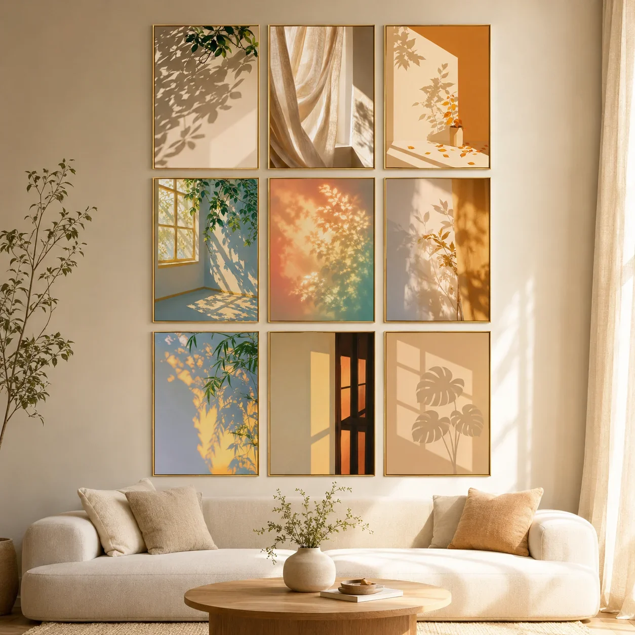 Warm Sunlight Leaf Shadow Canvas Gallery Wall Prints Curtain Window Plant Silhouette Boho Minimalist Bedroom Home Decor Gift