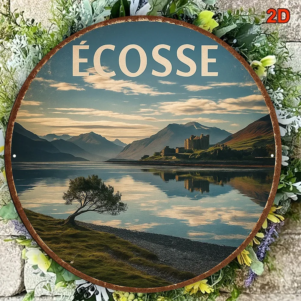 2D Flat, 1pc 8x8in/20x20cm 2D Flat Round Aluminum Sign, Vintage Aluminum Plaque Featuring Scottish Scenery, Scottish Castle and