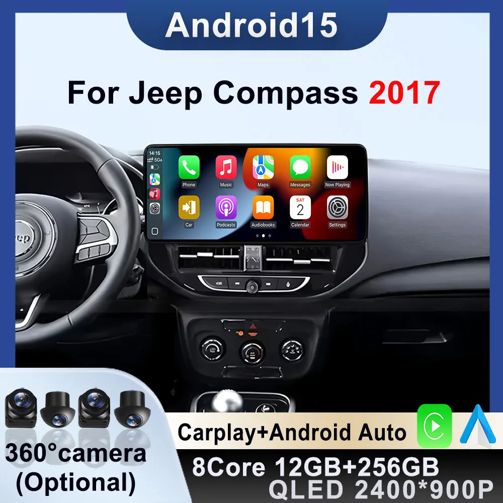 12.3 inch 2400*900P Touch Screen For Jeep Compass 2017 Car Radio Android 15 Auto Bluetooth Lntelligent Multimedia Carplay WIFI