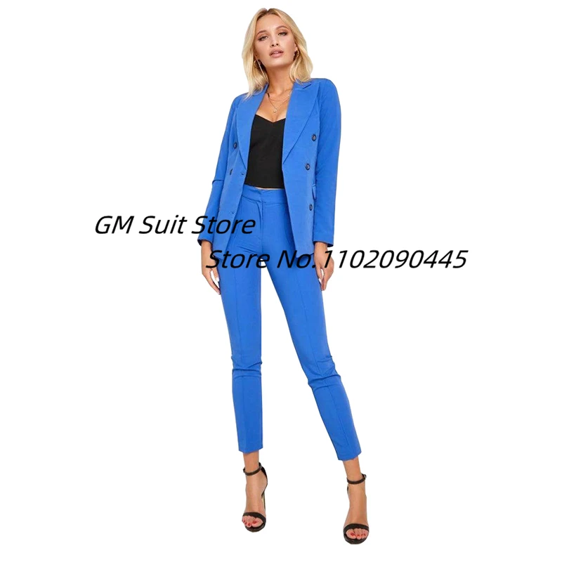 Women\'s Fashion Double Breasted Slim Fit Solid Color Blazer Retro Leisure Female Chic Jacket Pencil Pants Suit