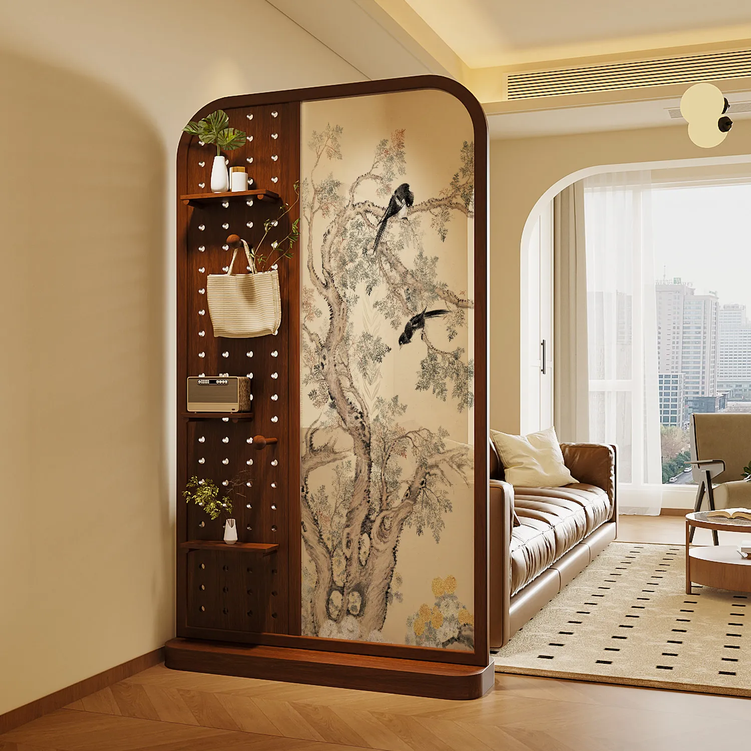 French vintage style solid wood entryway screen, partition for living room and entryway, designer pegboard seat screen