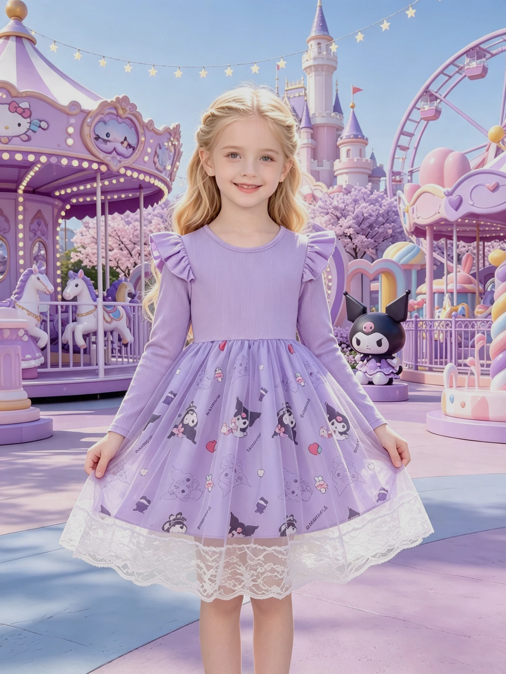 Girls' Kuromi Cartoon Long Sleeve Tulle Princess Dress, Light Purple Flutter Sleeve Lace Ruffle Puffy Skirt, Kids Spring Autumn