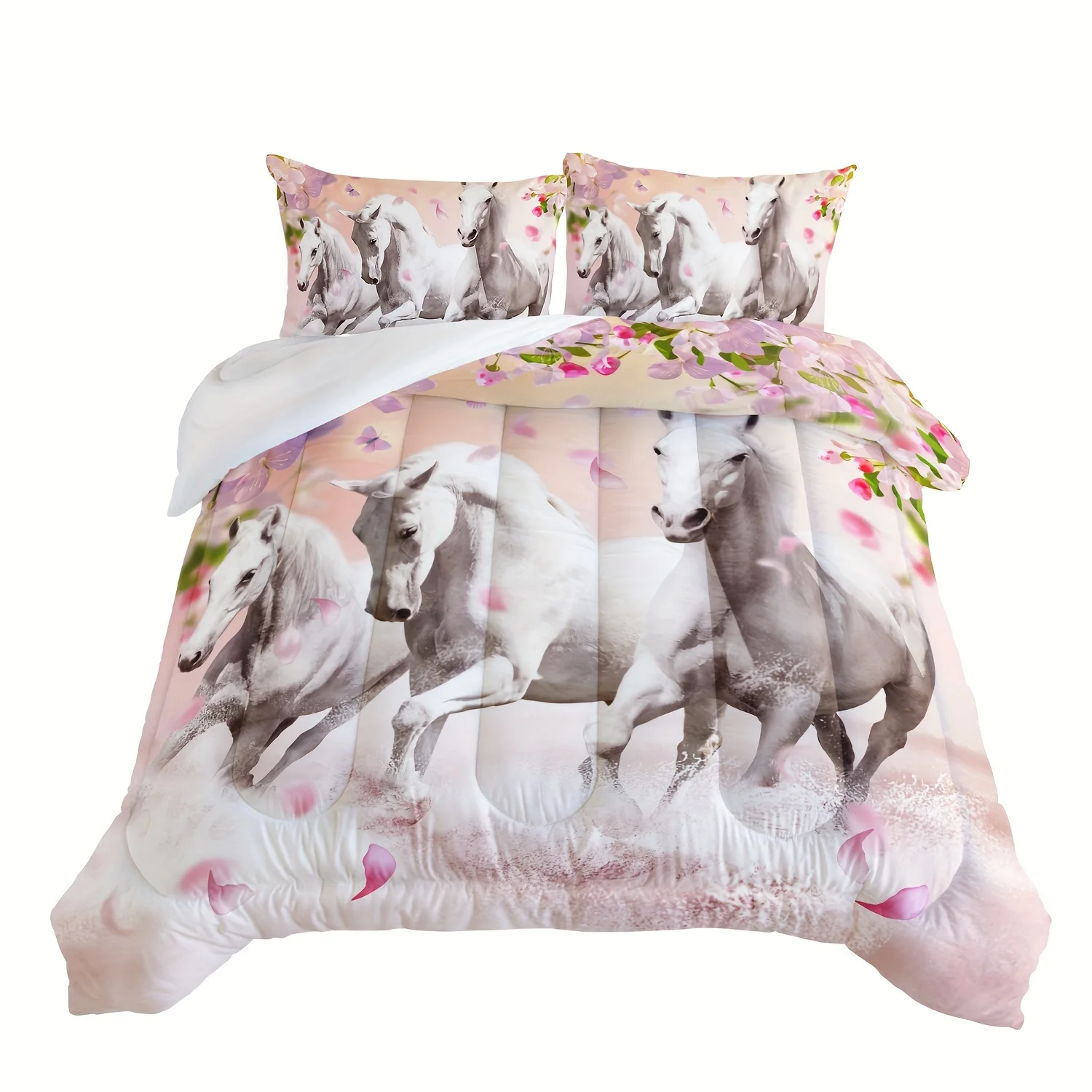 

3pcs Modern Fashion Bedding Set (1*Quilt Cover + 2*Pillowcase, Without Core), Pink Floral Running Horse 3D Print Bedding Set