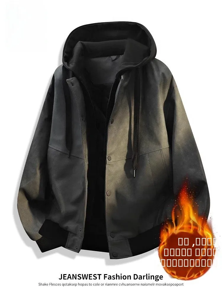 

Мужская осенне-зимняя свободная куртка-кардиган Jeanswest American из утолщенного хлопкового замша с капюшоном