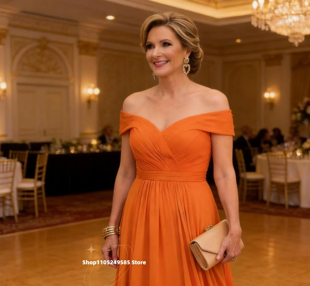 Robes mère de la mariée en mousseline de soie Orange Simple, épaules dénudées, ligne a, longues et élégantes, robes de soirée d'invitées de mariage personnalisées