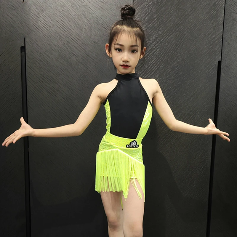 

Fluorescent Green Latin Dance Clothes Children Fringed Competition Costume Halter Bodysuit Fringe Skirt Practice Wear DL11755