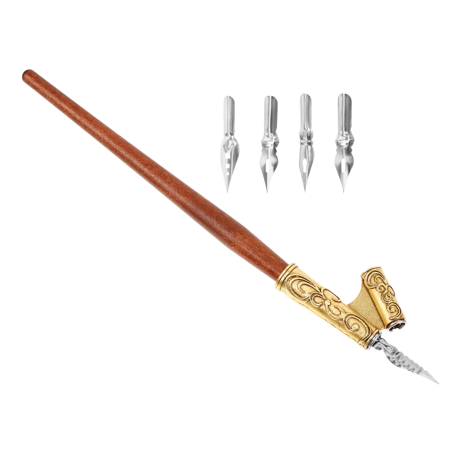 1 Set Wooden Calligraphy Stainless Steel Dip Pen Tips Smooth Writing Practical Calligraphy Practice Pen Elegant Signing Drawing