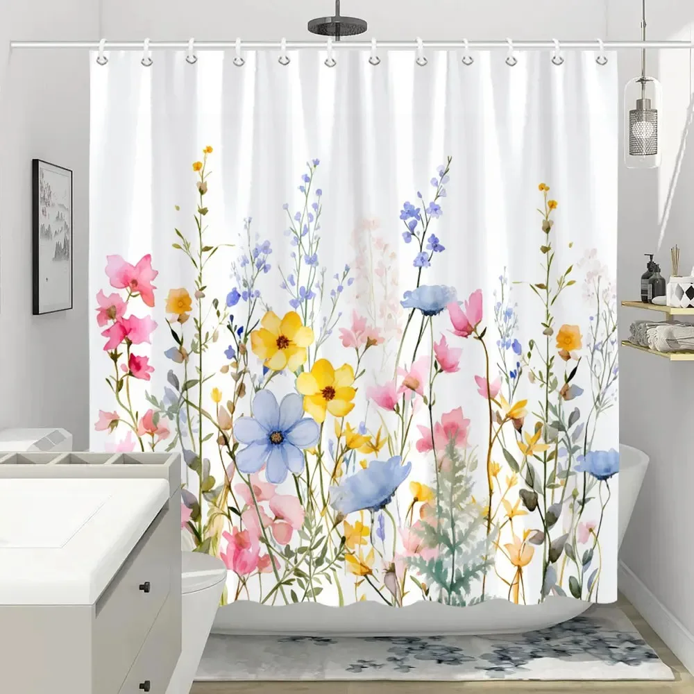 Colorful Flowers Shower Curtain for Bathroom Pink Floral Romantic Wildflower Plants Nature Scenery Decor Curtain Set with Hooks