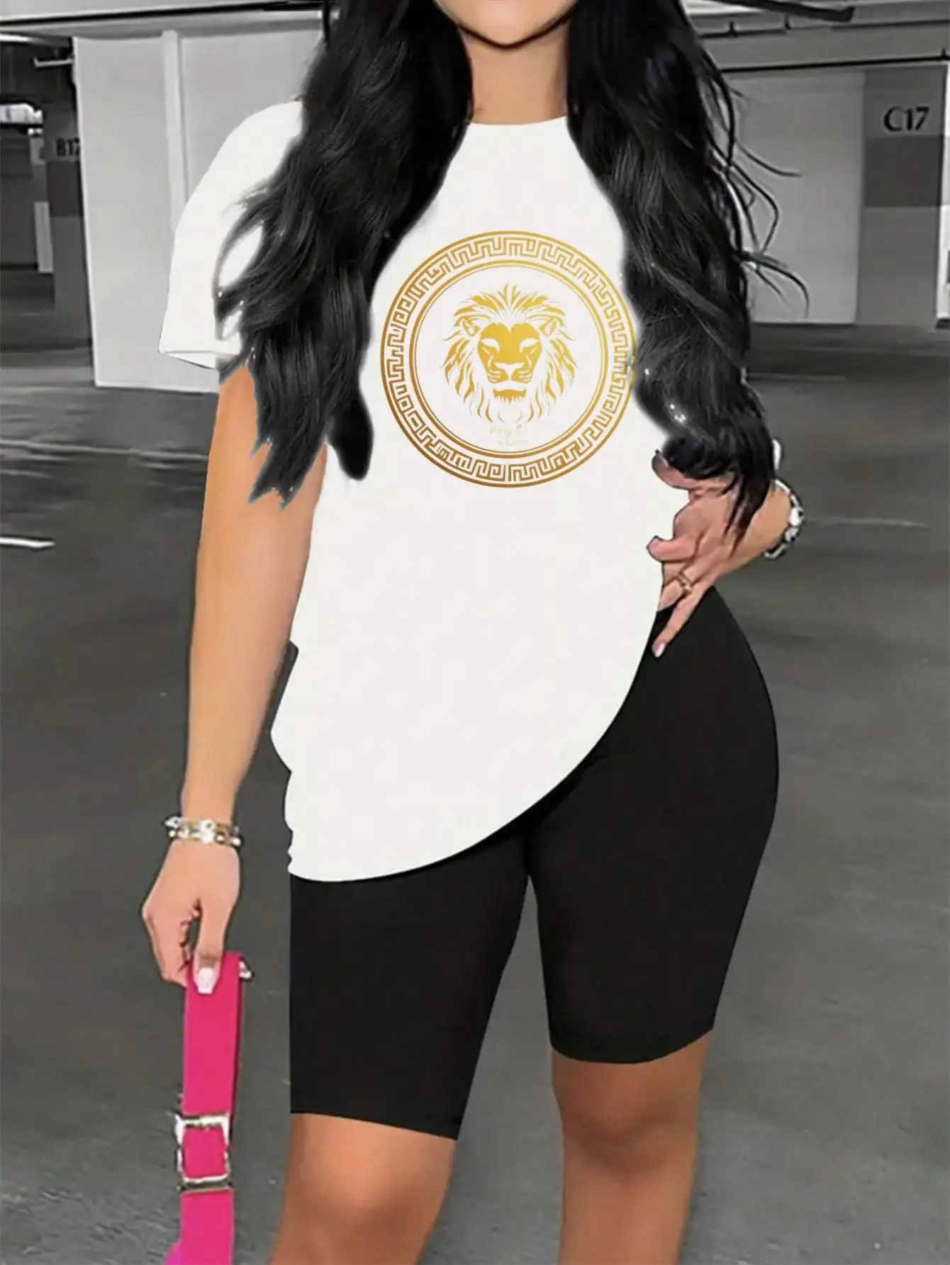 

Women's Crew Neck Graphic Print Short Sleeve Top & Biker Shorts Set