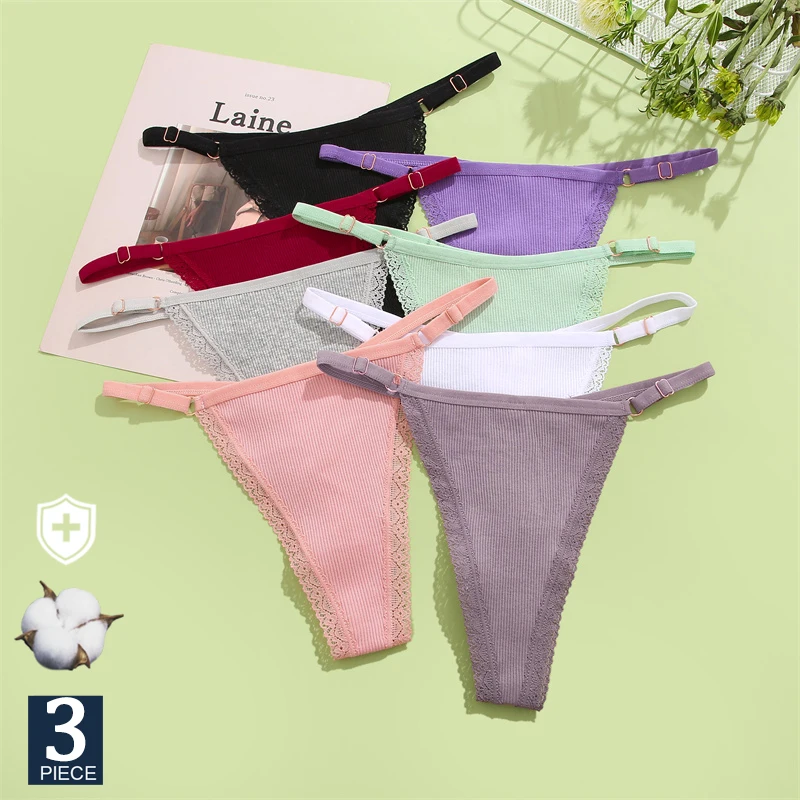 FINETOO 3PCS/Set Sexy G-string Panties Cotton Women\'s Underwear  Adjustable Waist Girl Female Pantys Bikini Lady Thongs Lingerie