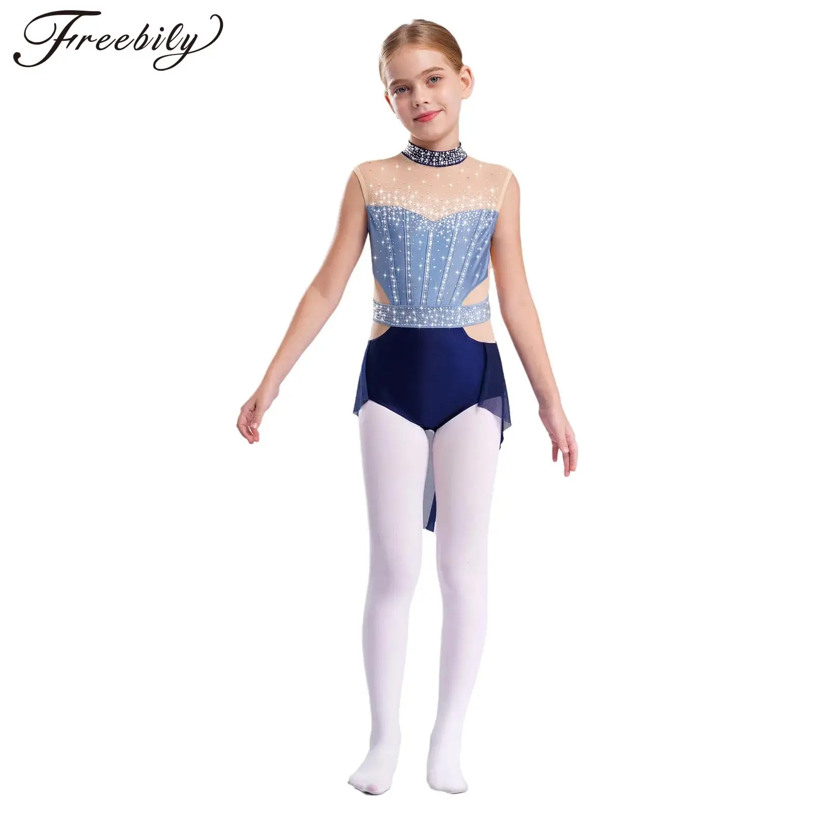 Vestito da tutù di balletto con paillettes lucide per bambini Body con strass Vestito da pattinaggio su ghiaccio di figura Costumi di danza per spettacoli teatrali