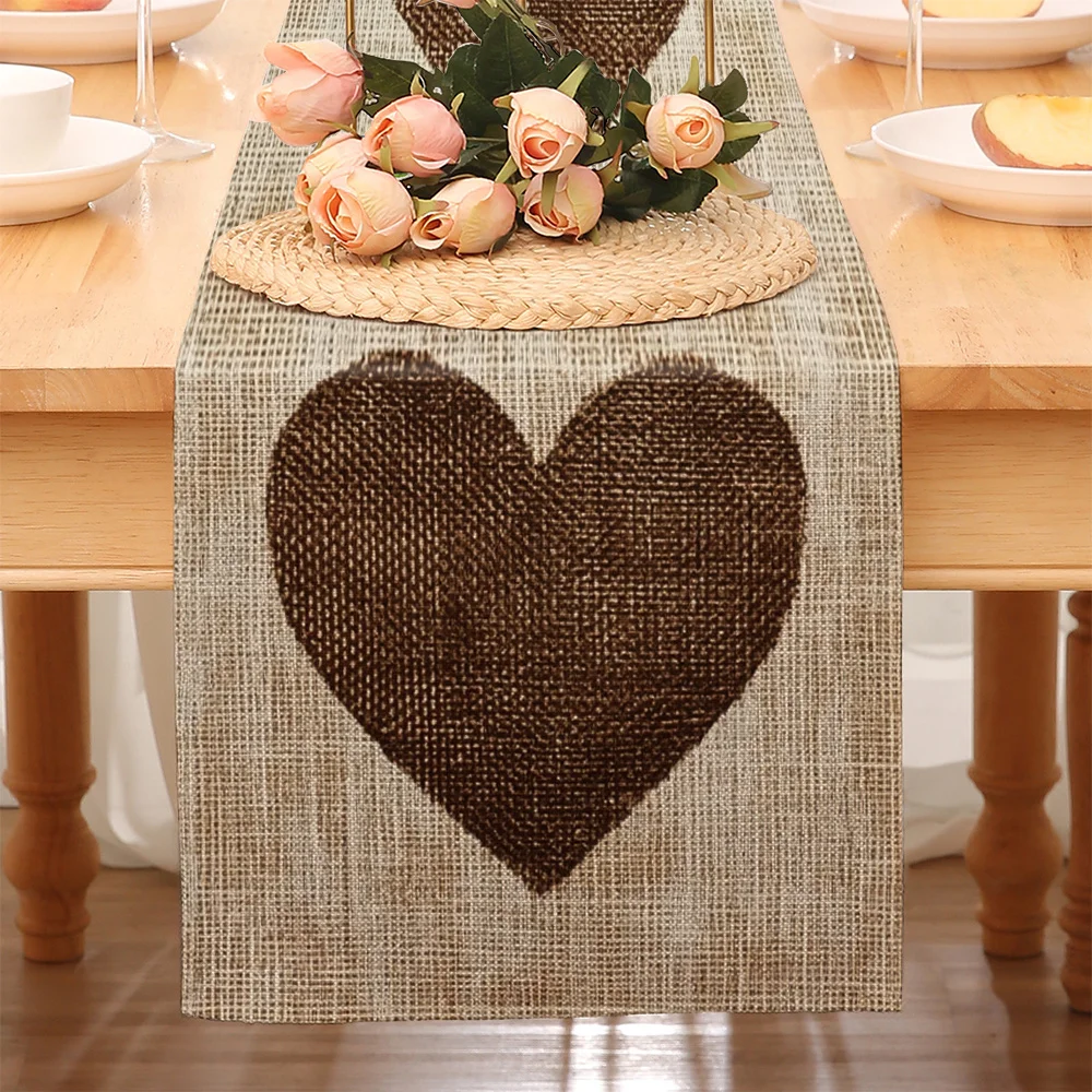1 Piece of Rustic Brown Table Runner with Heart Pattern, Suitable for Farmhouse, Indoor, Kitchen, Celebrations, Table Decoration, Restaurant, and Banquet Decoration Supplies