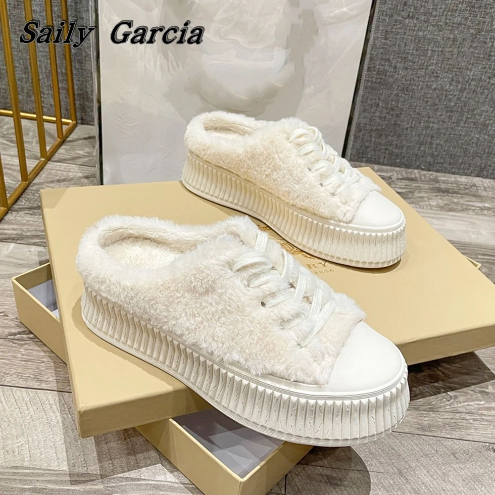 Round Toe Solid Fur Short Plush Lace Up Flat Shoes Winter New Waterproof Thick Sole Vulcanized Shoes Solid Casual Women Shoes