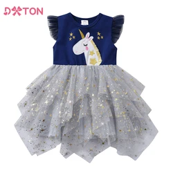 DXTON Girls Cartoon Dress Unicorn Applique Kids Sleeveless Dresses Tulle Irregular Princess Dress Children Perfomance Clothing