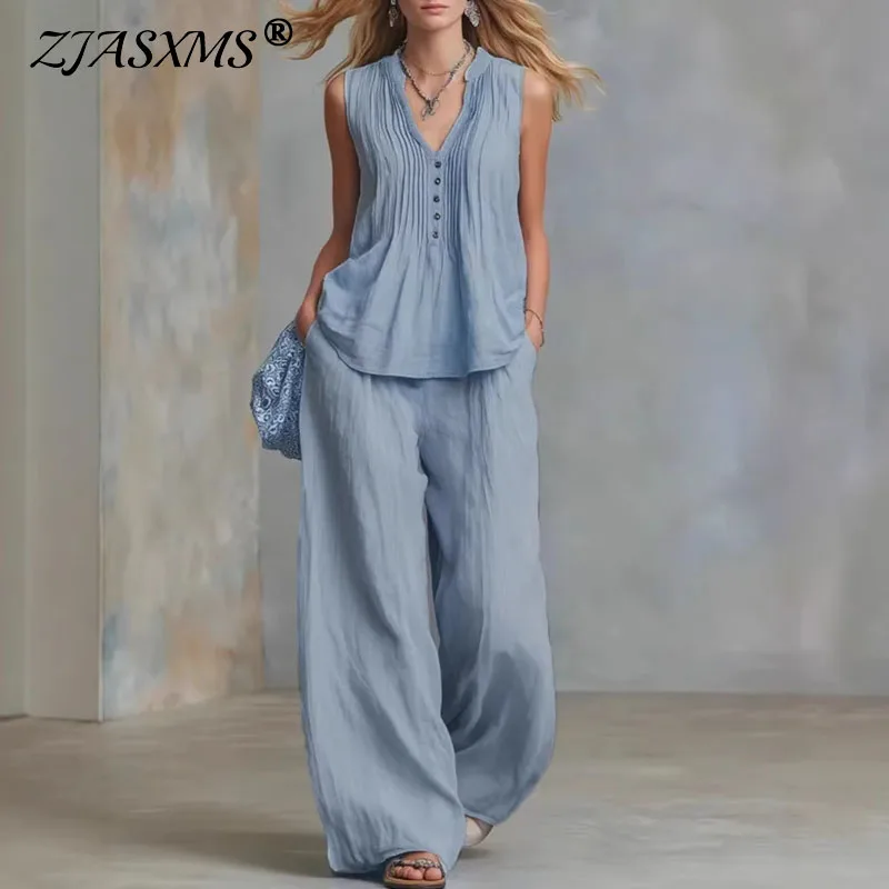 

New 2026 Spring Casual Solid Loose Two Piece Set Sexy V Neck Button Draped Top Wide Leg Pants Set Summer Sleeveless Woman Outfit