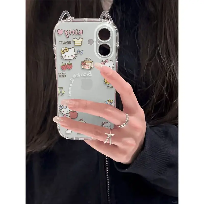 الشمس الفراولة مرحبا كيتي جراب هاتف آيفون 17 16 15 14 13 12 11 برو ماكس XR XS ماكس 7 8 زائد INS آذان القط غطاء شفاف