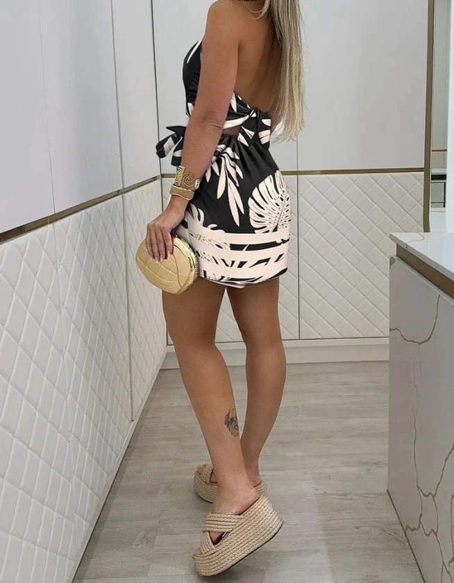 One-Piece Short Pants for Summer Women Fashion Tropical Print Halter Sleeveless Waist Romper Female Tied Detail Backless Rompers