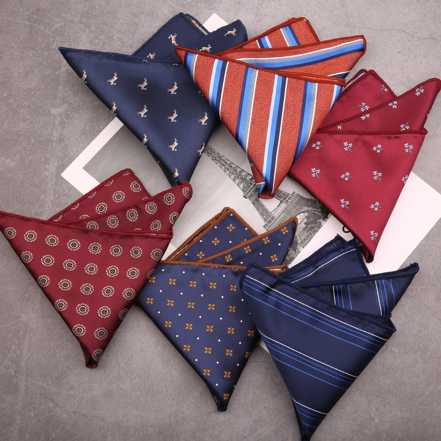 23cm Men's Suit Pocket Square Polyester Navy Blue Striped Handkerchief Formal Wine Red Floral Hanky Scarf Wedding Party Chest