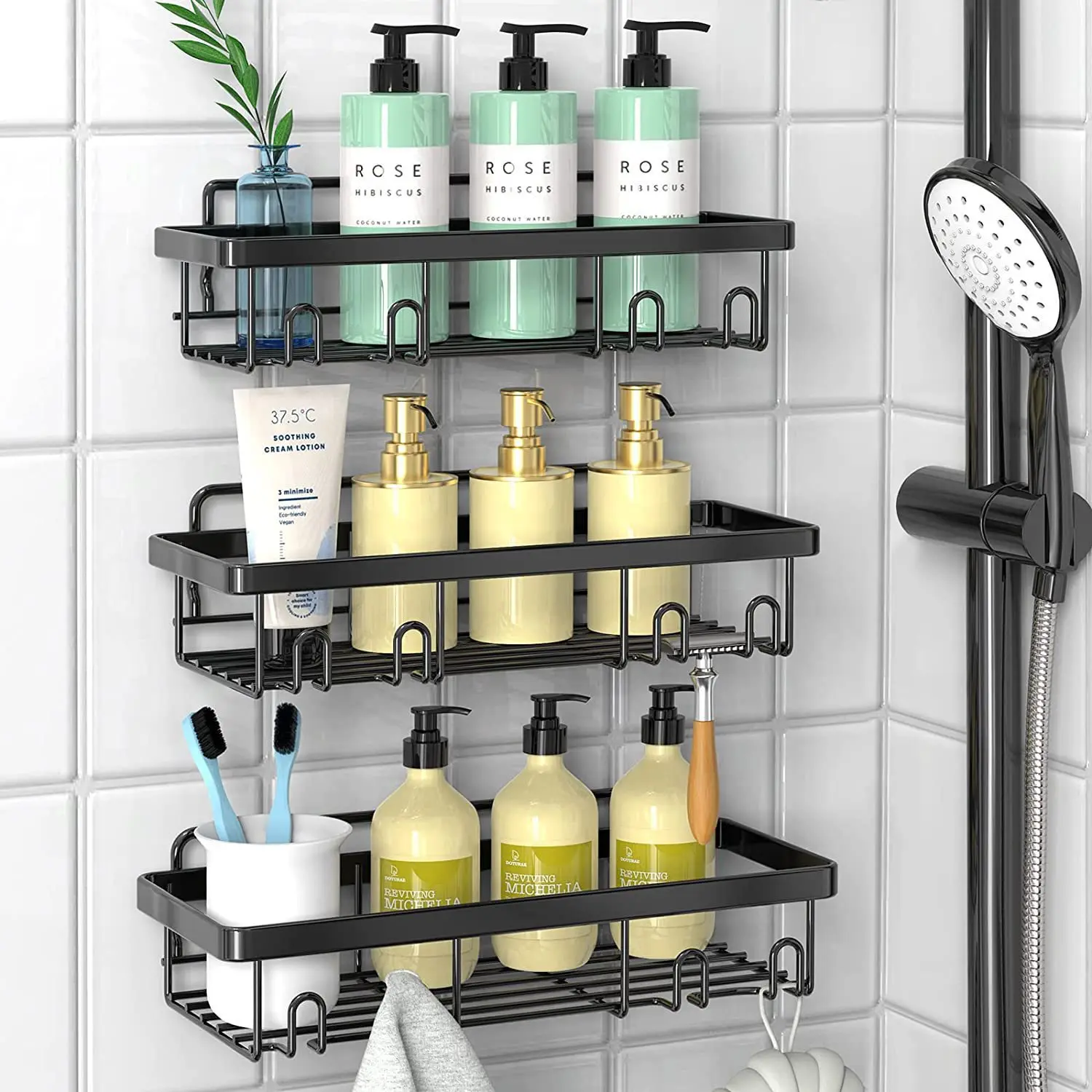 Stainless No Drilling Shower Shelves, Kitchen Bathroom Organizer, Cosmetic Holder, Storage Accessories with Hooks