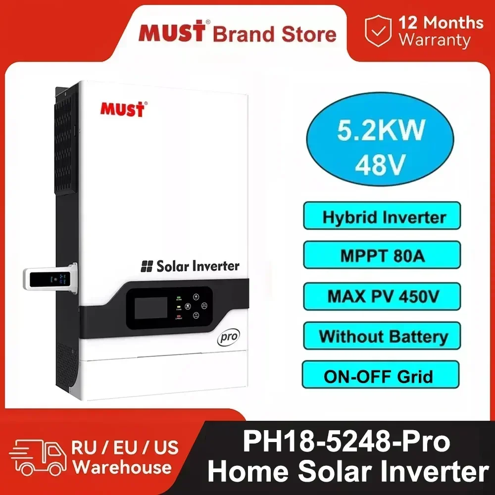 YYHC PH1800 Pro 5.2KW 48V Hybrydowy falownik solarny z czystą falą sinusoidalną PV 450V MPPT 80A bez akumulatora Roboczy układ słoneczny Równoległy