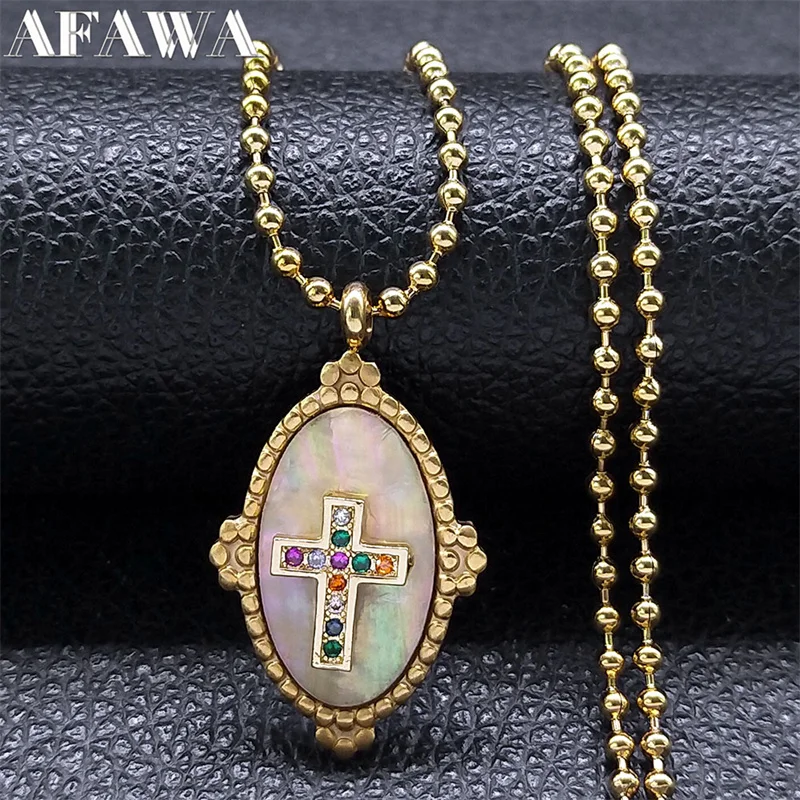 Aesthetic Cross Prayer Necklace Crystal Shell Stainless Steel Gold Color Bohemian Chain Necklaces for Women Men Jewelry collare