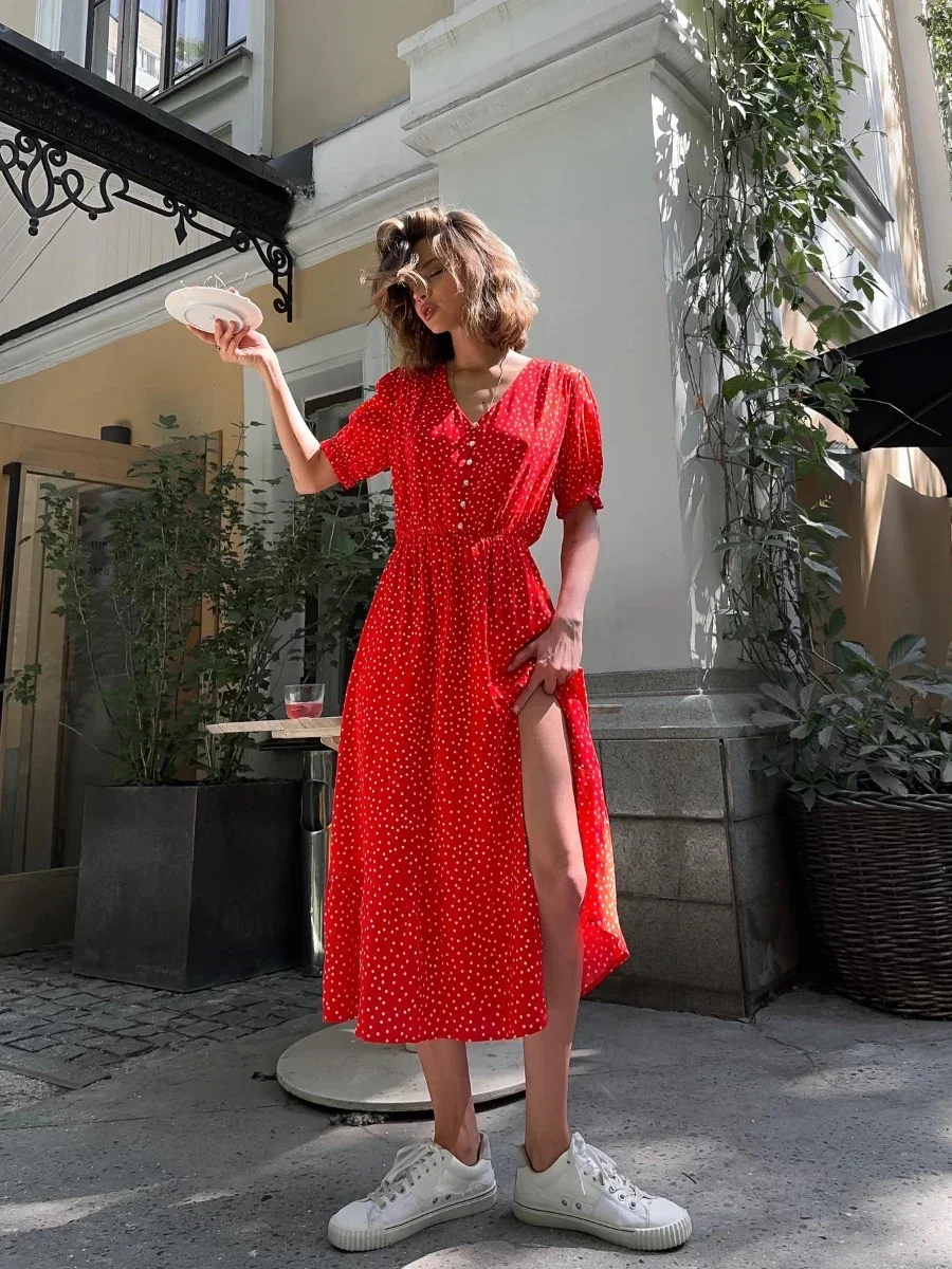 Wolfeel Red Polka Dot Dress Women Summen Loose V-Neck Fashionable And Chic Office Lady Long Skirt Commuting Versatile Dress