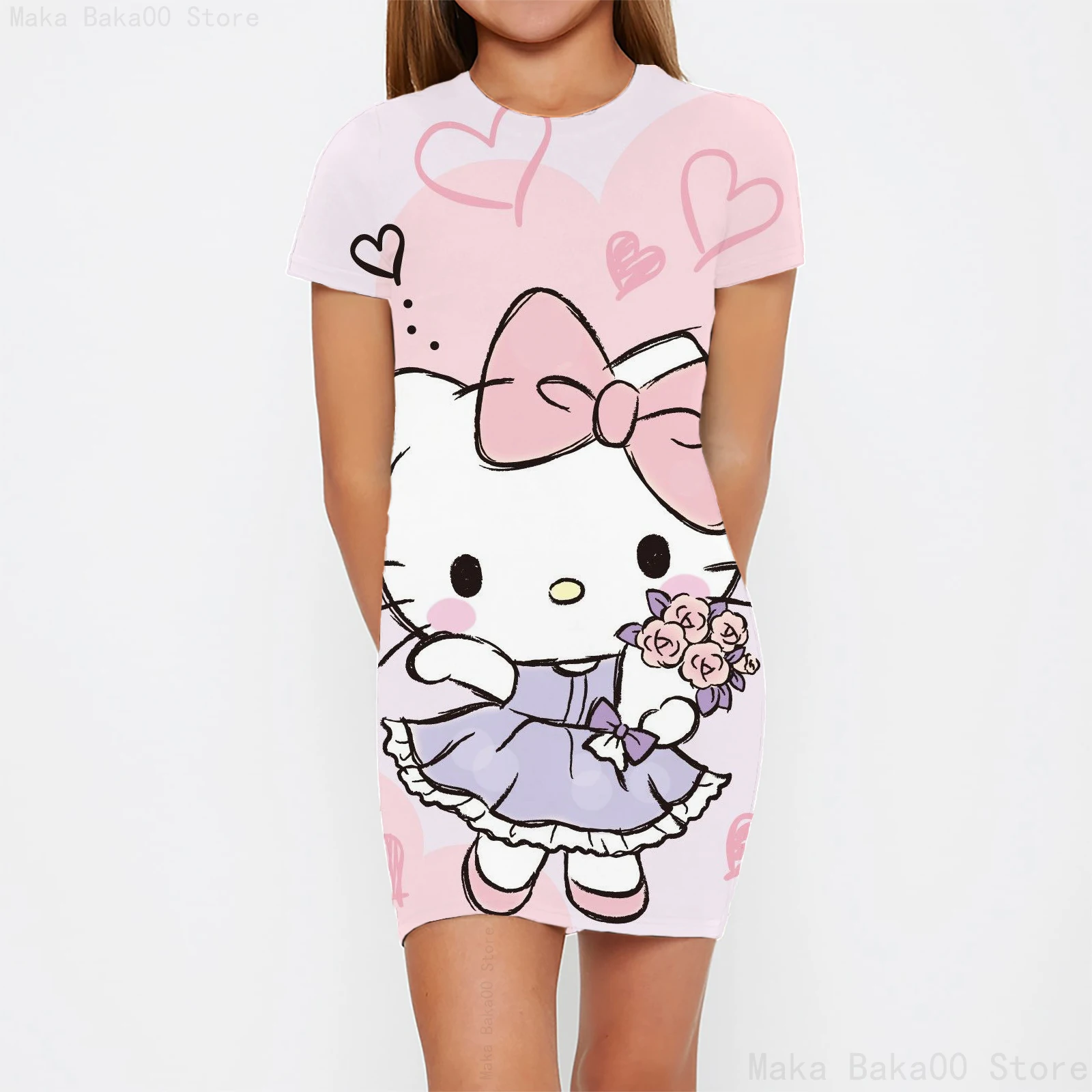 Sanrio Hello Kitty cute cartoon print sweet and cute girls short-sleeved T-shirt dress spring and summer short skirt