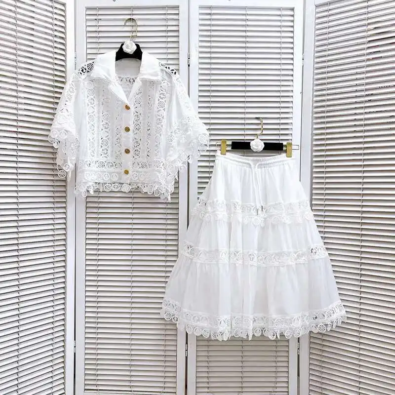 Luxury Hollow Out Dress Two Piece Set Women\'s 2025 Summer Holiday Embroidered Lace Jackets White Tops Pleated Short Skirts Suits