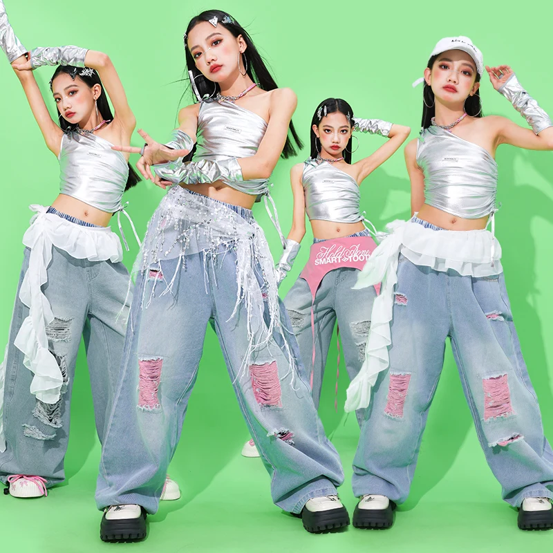 Mädchen Hip Hop Silber Crop Top Rosa Hosen Kinder K-pop Streetwear Kinder Jazz Mädchen Gruppe Kostüm Teen Street Dance kleidung Sets